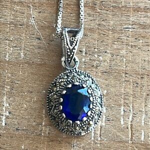 Lab created Sapphire and marcasite 925 sterling silver Art Deco pendant necklace